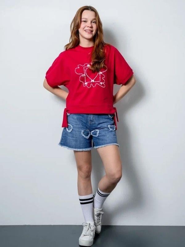 Kız Çocuk Kalp Nakış İşlemeli Kot Şort