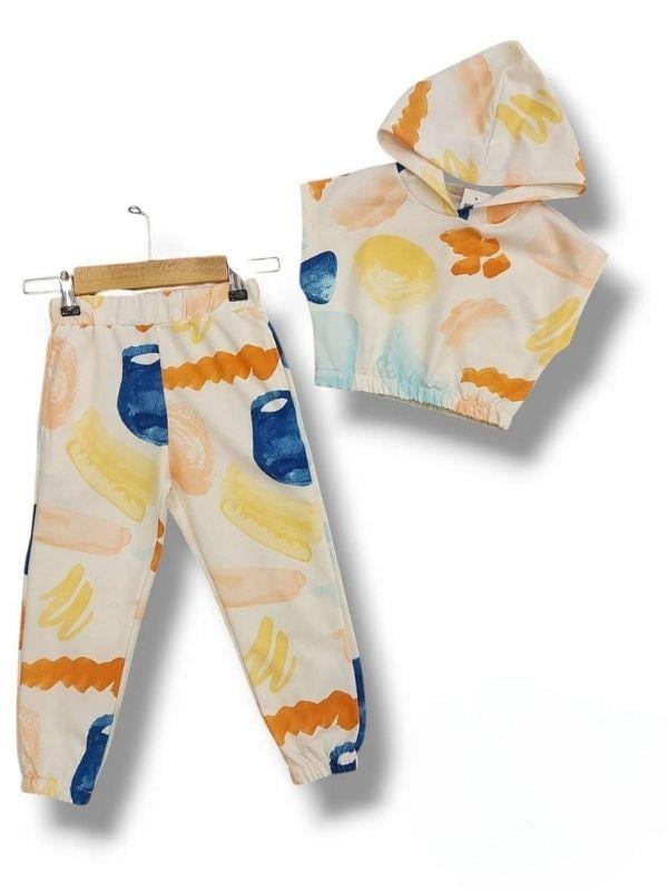 Kız Çocuk Kapüşonlu Crop T-shirt Yazlık Desenli Eşofman Takım