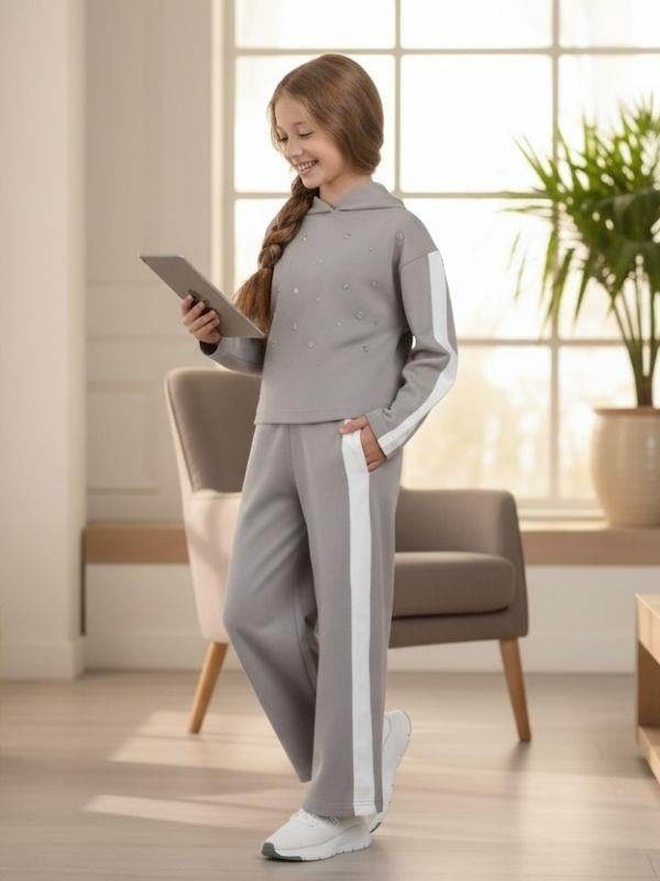 Kız Çocuk Kapüşonlu Zımba Detaylı Tasarım Eşofman Takım