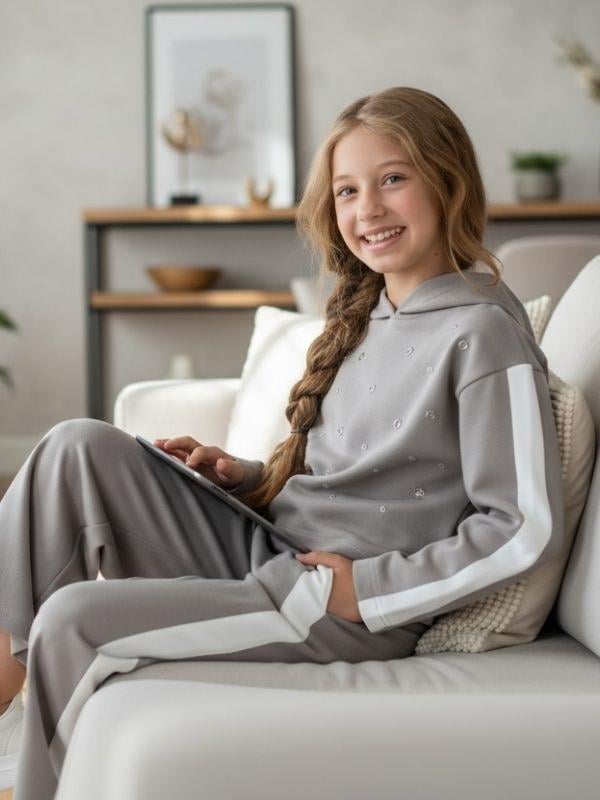 Kız Çocuk Kapüşonlu Zımba Detaylı Tasarım Eşofman Takım