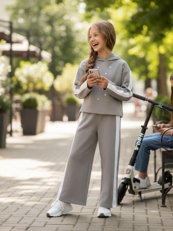 Kız Çocuk Kapüşonlu Zımba Detaylı Tasarım Eşofman Takım