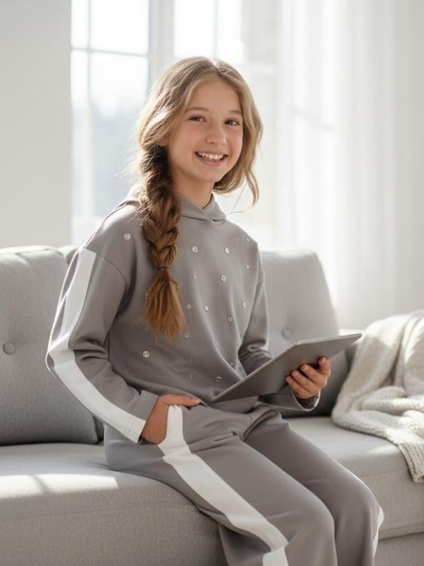 Kız Çocuk Kapüşonlu Zımba Detaylı Tasarım Eşofman Takım