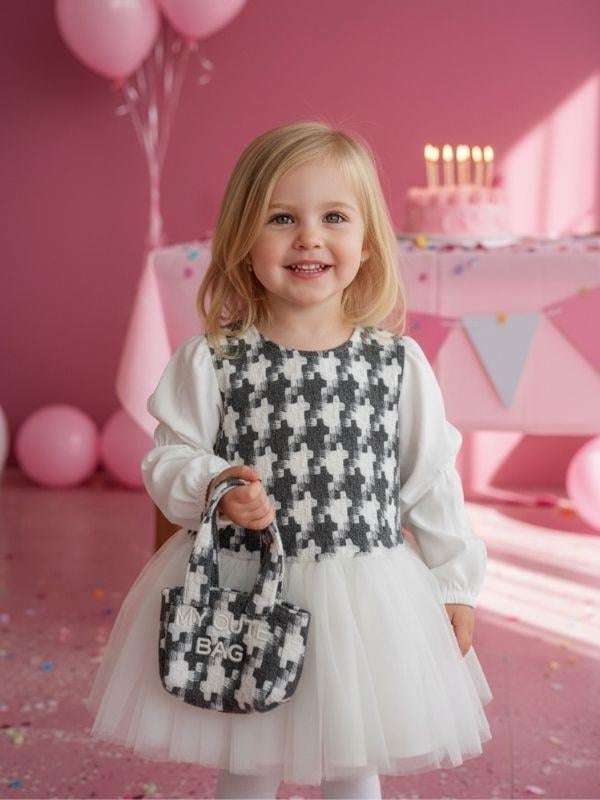 Kız Çocuk Kazayağı Desenli Çantalı Tasarım Elbise
