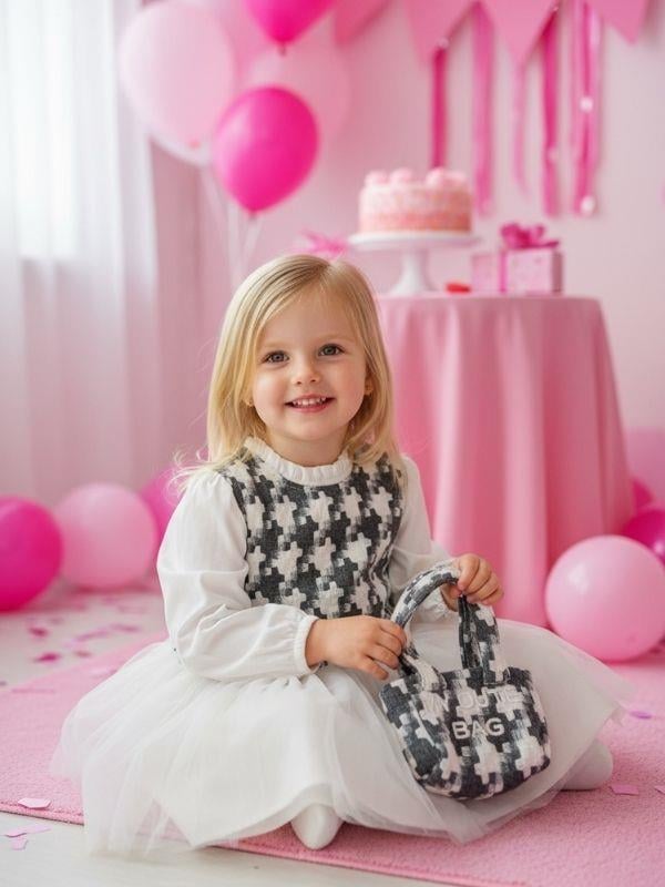 Kız Çocuk Kazayağı Desenli Çantalı Tasarım Elbise