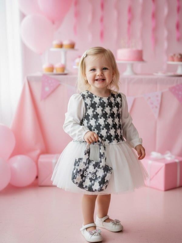 Kız Çocuk Kazayağı Desenli Çantalı Tasarım Elbise