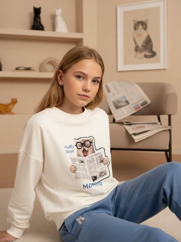 Kız Çocuk Kedi Baskılı Oversize Tasarım Sweatshirt