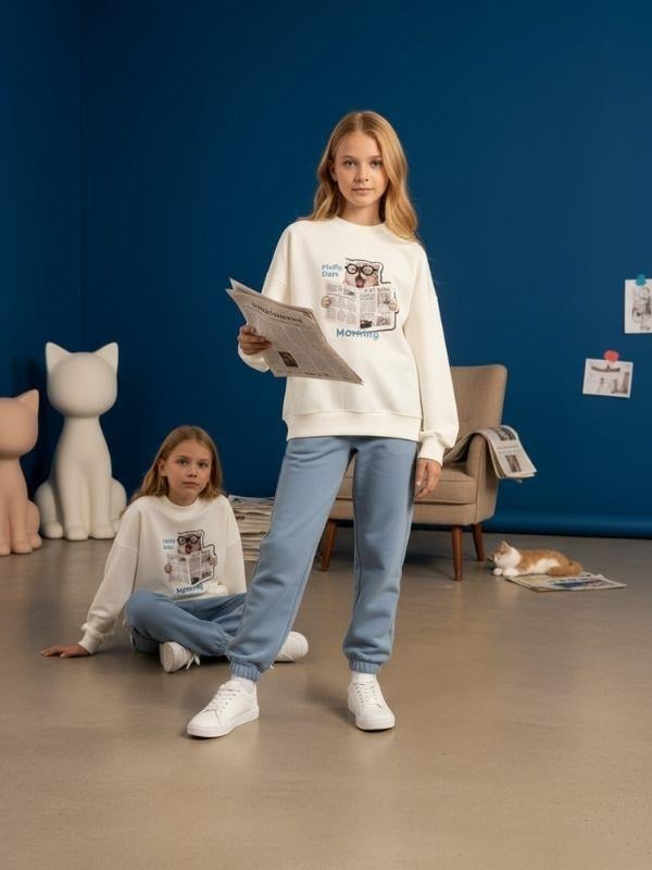 Kız Çocuk Kedi Baskılı Oversize Tasarım Sweatshirt