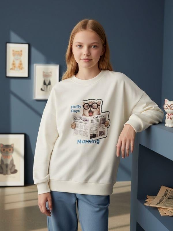 Kız Çocuk Kedi Baskılı Oversize Tasarım Sweatshirt