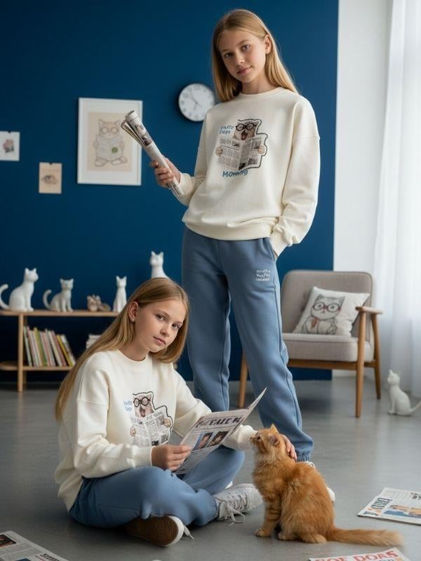 Kız Çocuk Kedi Baskılı Oversize Tasarım Sweatshirt