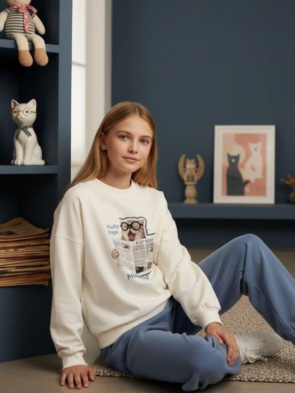 Kız Çocuk Kedi Baskılı Oversize Tasarım Sweatshirt