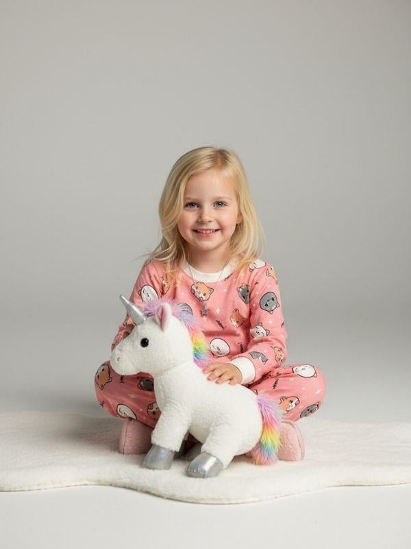 Kız Çocuk Kedi Baskılı Pamuklu Pijama Takımı