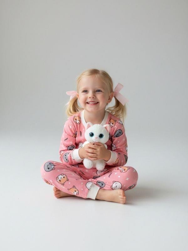 Kız Çocuk Kedi Baskılı Pamuklu Pijama Takımı