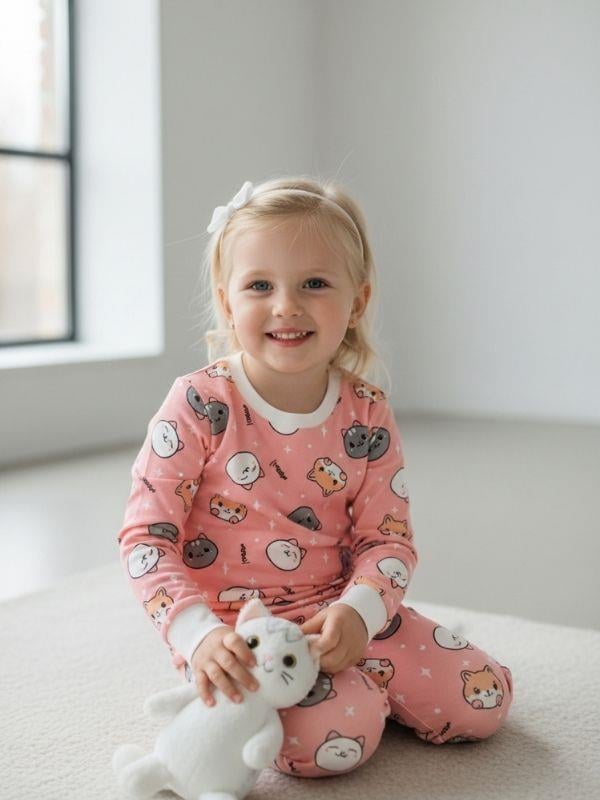 Kız Çocuk Kedi Baskılı Pamuklu Pijama Takımı