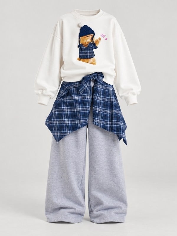 Kız Çocuk Kedi Baskılı Sweatshirt Ekose Gömlek Parçalı ve Bol Paça Eşofman Takımı