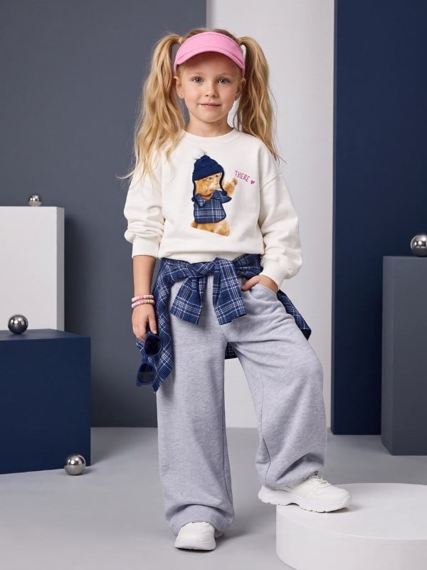 Kız Çocuk Kedi Baskılı Sweatshirt Ekose Gömlek Parçalı ve Bol Paça Eşofman Takımı