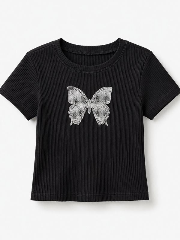 Kız Çocuk Kelebek İşlemeli Taşlı T-shirt