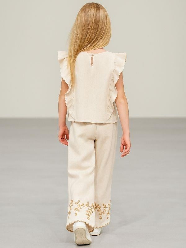Kız Çocuk Keten Nakış İşlemeli Pantolonlu Takım