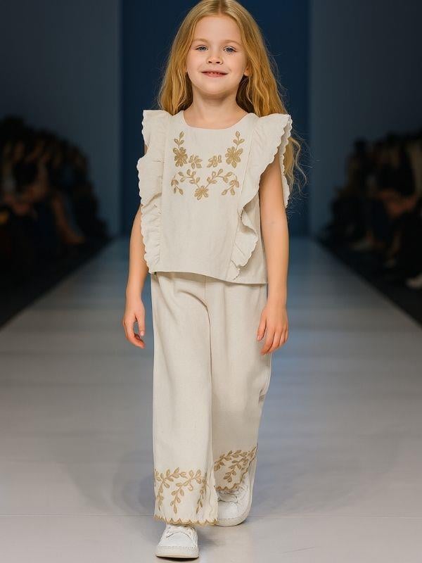Kız Çocuk Keten Nakış İşlemeli Pantolonlu Takım
