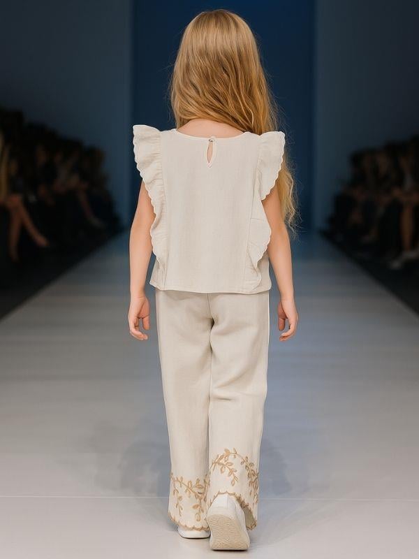 Kız Çocuk Keten Nakış İşlemeli Pantolonlu Takım