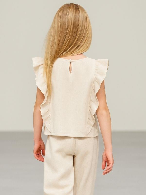 Kız Çocuk Keten Nakış İşlemeli Pantolonlu Takım