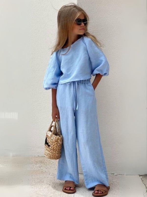 Kız Çocuk Keten Pantolonlu Takım