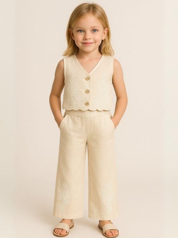 Kız Çocuk Keten Yelek Pantolon Takım