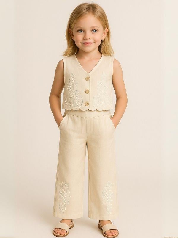 Kız Çocuk Keten Yelek Pantolon Takım