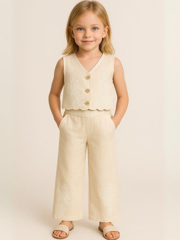 Kız Çocuk Keten Yelek Pantolon Takım