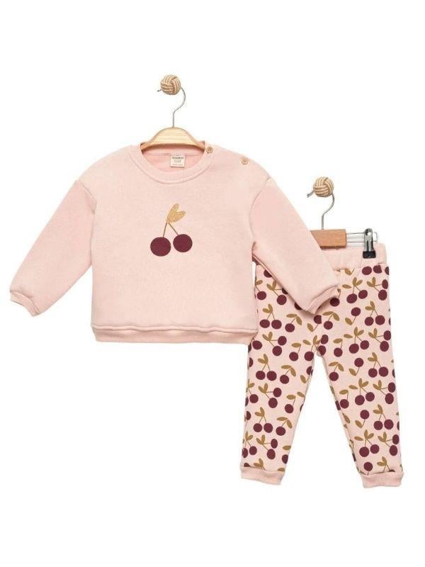 Kız Çocuk Kiraz Desenli 3 İplik Şardonlu Eşofman Takım