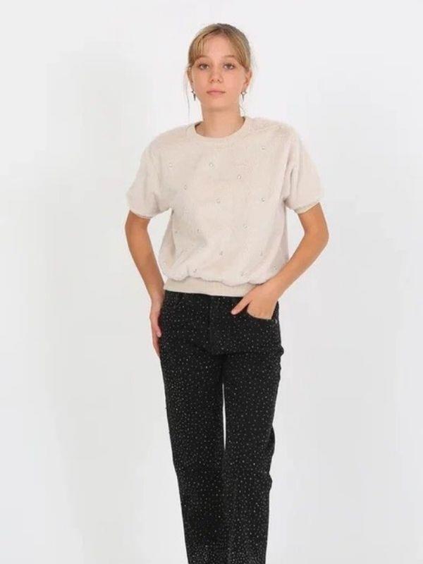 Kız Çocuk Kışlık Peluş Taşlı Yarım Kollu Tasarım Kazak