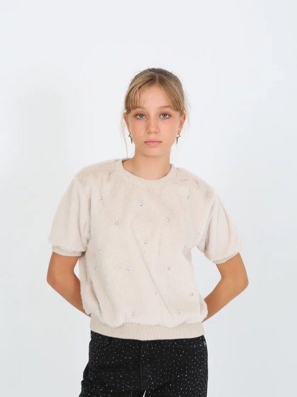 Kız Çocuk Kışlık Peluş Taşlı Yarım Kollu Tasarım Kazak