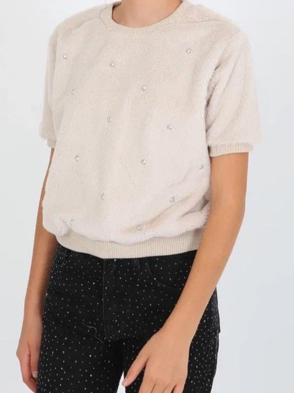 Kız Çocuk Kışlık Peluş Taşlı Yarım Kollu Tasarım Kazak