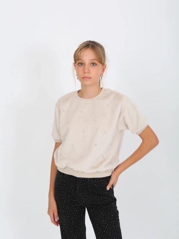 Kız Çocuk Kışlık Peluş Taşlı Yarım Kollu Tasarım Kazak