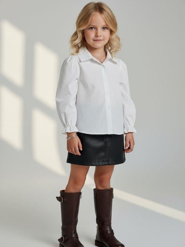 Kız Çocuk Kolları Büzgülü Beyaz Gömlek