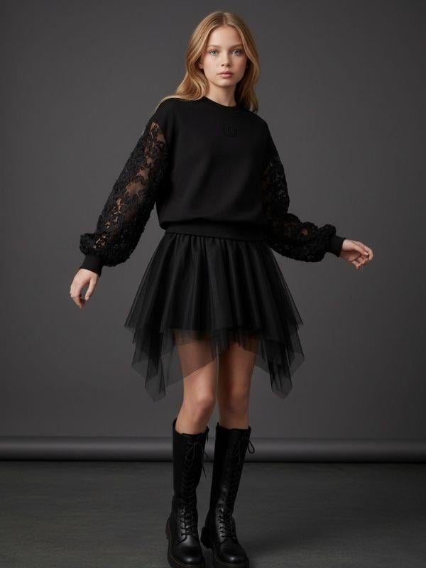 Kız Çocuk Kolları Tül Detaylı Tasarım Sweatshirt