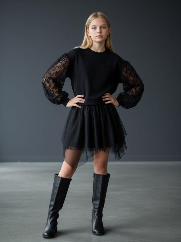 Kız Çocuk Kolları Tül Detaylı Tasarım Sweatshirt