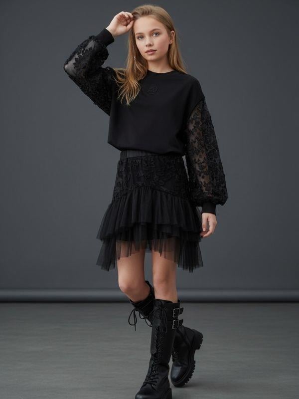 Kız Çocuk Kolları Tül Detaylı Tasarım Sweatshirt