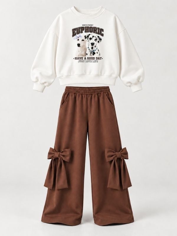 Kız Çocuk Köpek Baskılı Sweatshirt ve Fiyonk Detaylı Bol Paça Eşofman Takımı