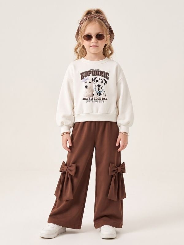 Kız Çocuk Köpek Baskılı Sweatshirt ve Fiyonk Detaylı Bol Paça Eşofman Takımı