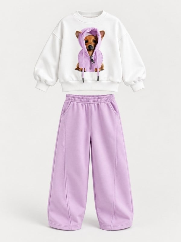 Kız Çocuk Köpek Baskılı Sweatshirt ve Bol Paça Eşofman Takımı