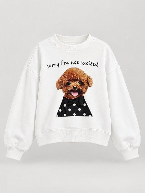 Kız Çocuk Köpek Baskılı ve Yazı Detaylı Bisiklet Yaka Sweatshirt