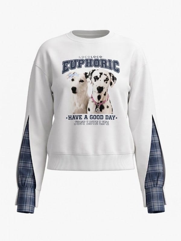 Kız Çocuk Köpek ve Yazı Baskılı Ekose Kol Detaylı Sweatshirt