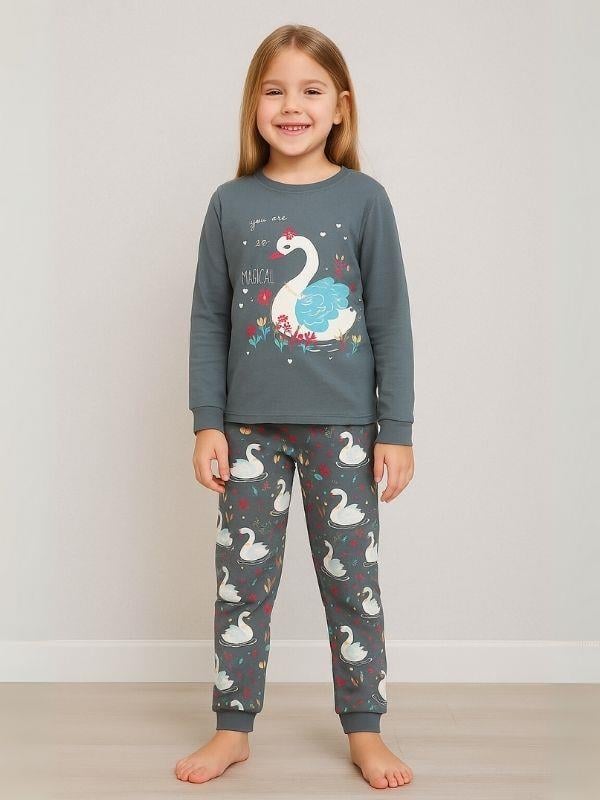 Kız Çocuk Kuğu Baskılı Pamuklu Pijama Takımı