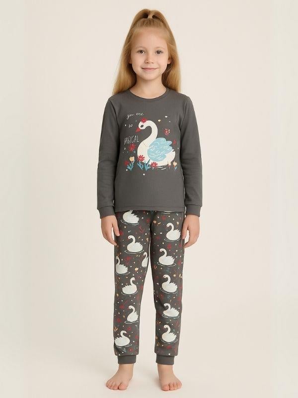 Kız Çocuk Kuğu Baskılı Pamuklu Pijama Takımı