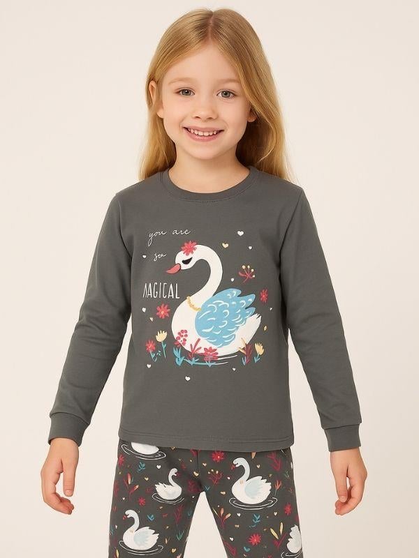 Kız Çocuk Kuğu Baskılı Pamuklu Pijama Takımı