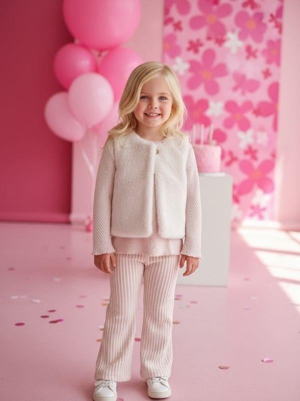 Kız Çocuk Kürk Yelekli Üçlü Pantolonlu Takım