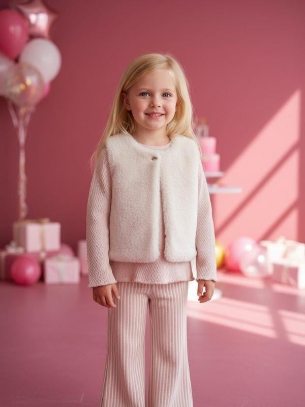 Kız Çocuk Kürk Yelekli Üçlü Pantolonlu Takım