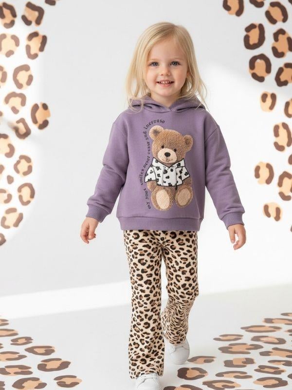 Kız Çocuk Leopar Desenli Ayıcıklı Eşofman Takımı