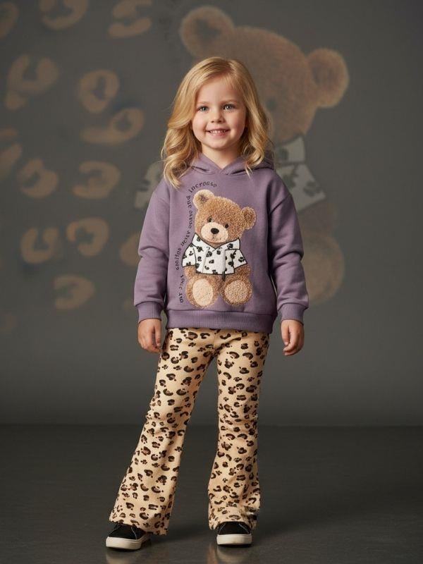 Kız Çocuk Leopar Desenli Ayıcıklı Eşofman Takımı