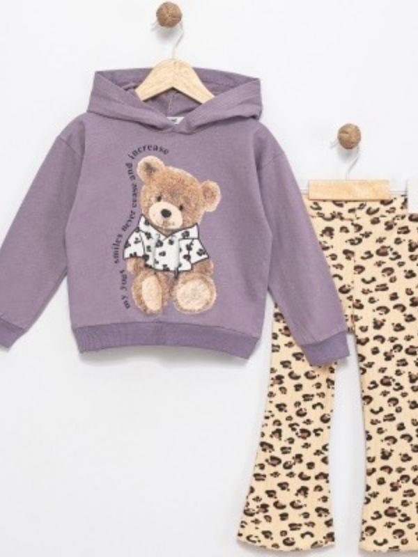 Kız Çocuk Leopar Desenli Ayıcıklı Eşofman Takımı